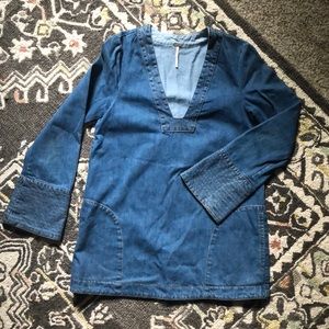 Free People Denim Tunic Pockets Bell Sleeve Top